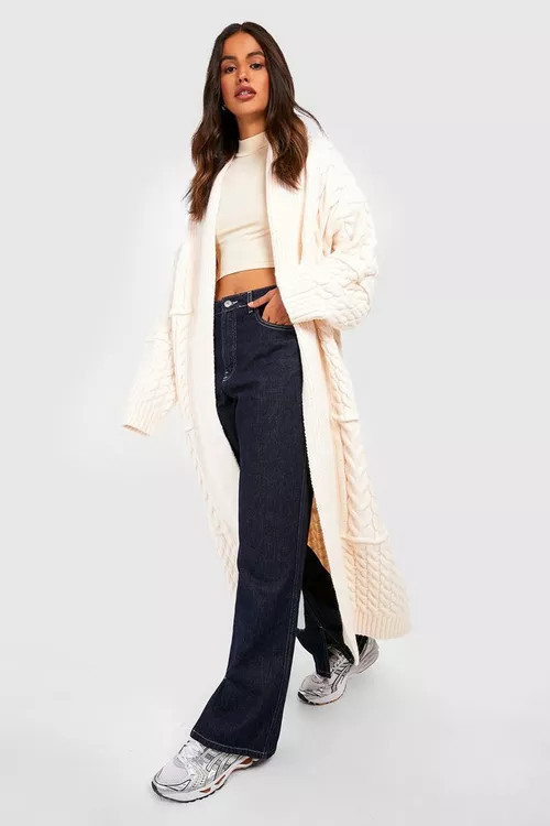 Mixed Chunky Cable Knit Maxi Cardigan | Boohoo.com (UK & IE)