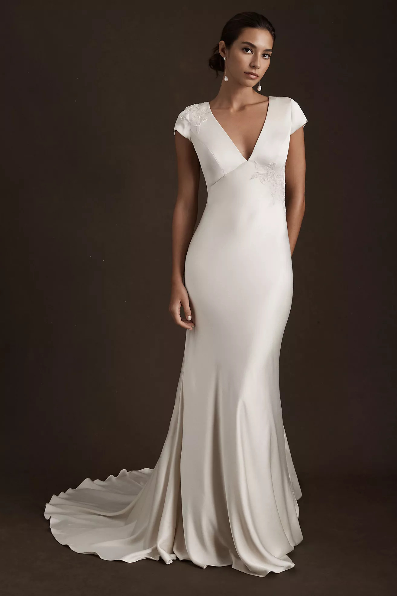 Jenny by Jenny Yoo Briony Cap-Sleeve Deep-V Beaded Floral Wedding Gown | Anthropologie (US)