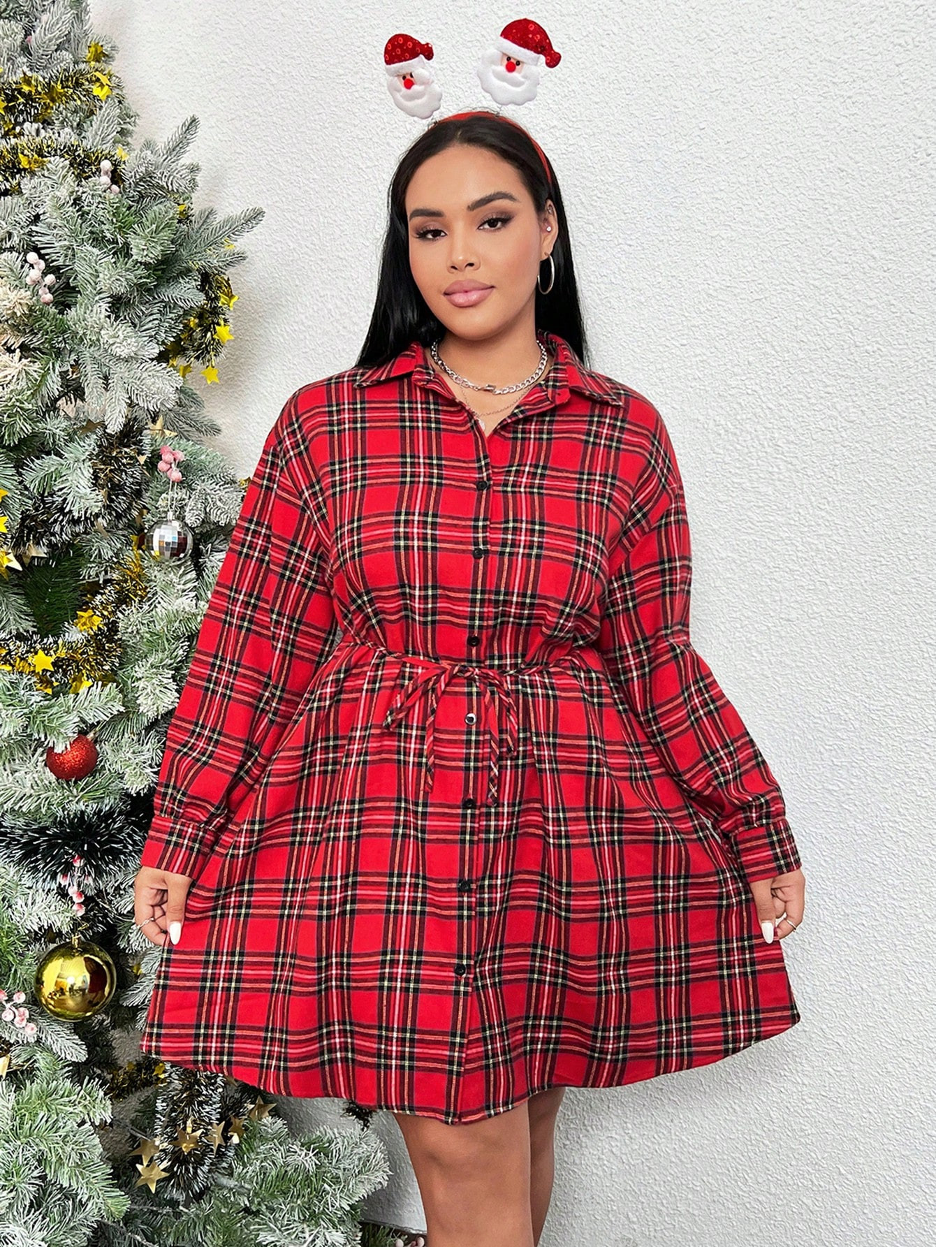SHEIN EZwear Plus Tartan Print Drop Shoulder Belted Shirt Dress | SHEIN