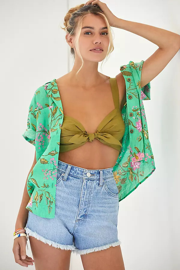 Maeve Linen Tie-Front Bra Top By Maeve in Green Size XS | Anthropologie (US)