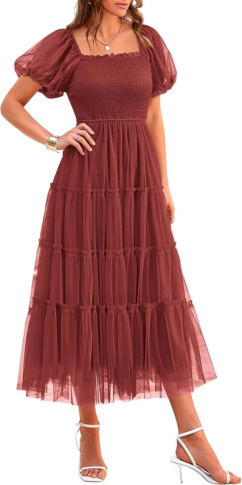 PRETTYGARDEN Women's Smocked Midi Tulle Dress 2025 Summer Puffy Short Sleeve Square Neck Ruffle W... | Amazon (US)
