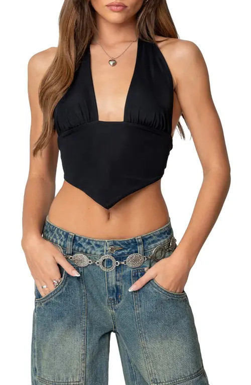 EDIKTED Open Back Triangle Hem Crop Halter Top in Black at Nordstrom, Size Small | Nordstrom