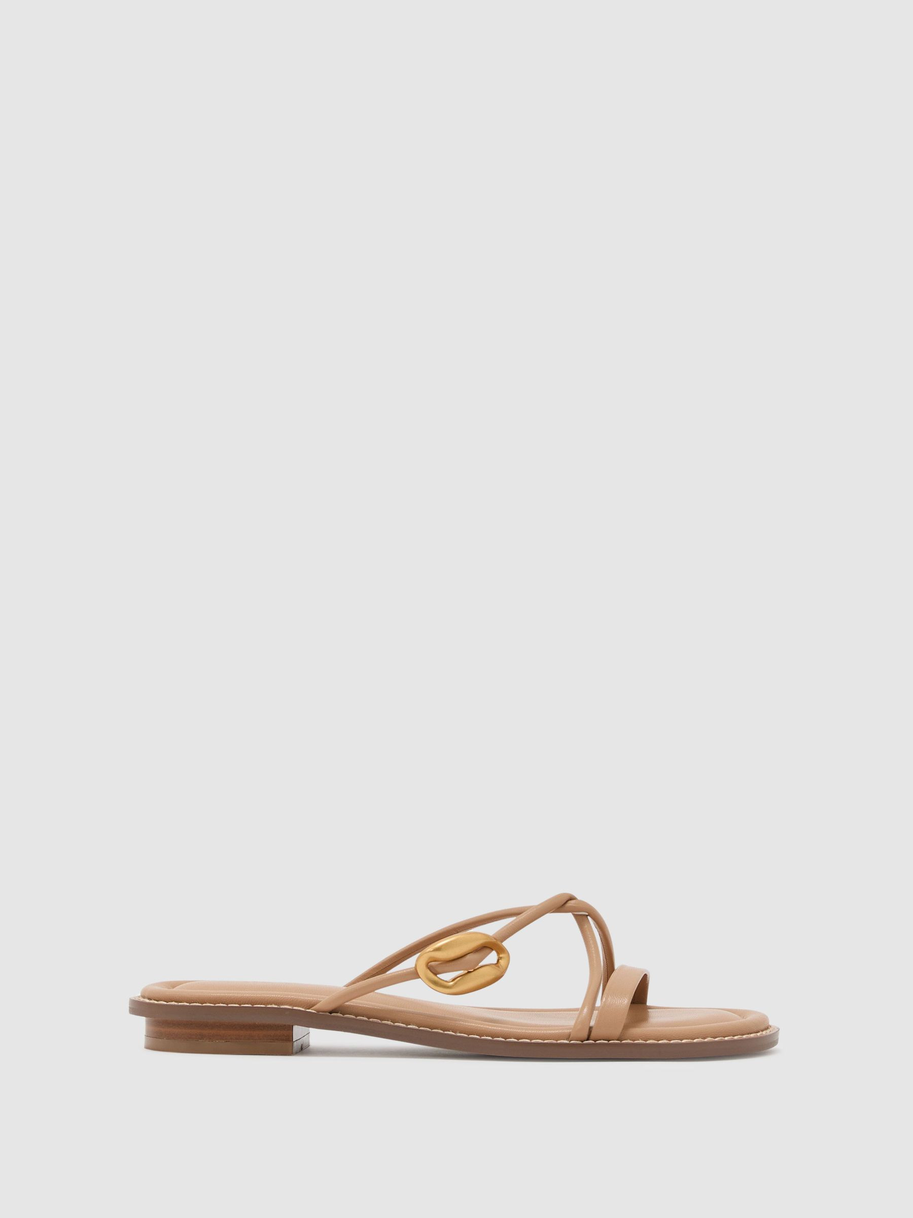 Leather Twist-Strap Flat Sandals in Nude | Reiss UK