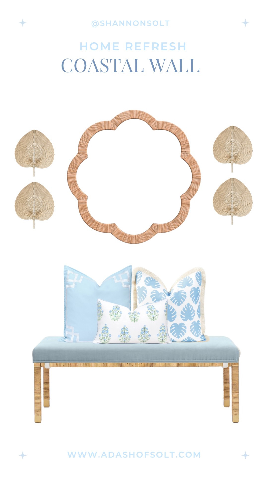 Coastal wall refresh! I recently purchased this gorgeous rattan mirror but it’s sad on its own so I created a vision board of how I could bring it more to life. 

We plan on building the bench and sewing the cushion top. The coastal pillows are Hofdeco and the palm baskets I found on Etsy! 

Coastal decor, coastal pillows, coastal mirror, coastal wall decor, coastal art, bench, indoor bench, mirror, rattan, rattan mirror, coastal living, coastal grandmother, home decor, classic decor 

#LTKHome #LTKStyleTip