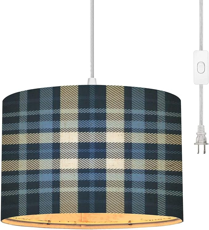 Plug in Pendant Light Plaid check patten dark blue white Seamless fabric texture print Hanging La... | Amazon (US)