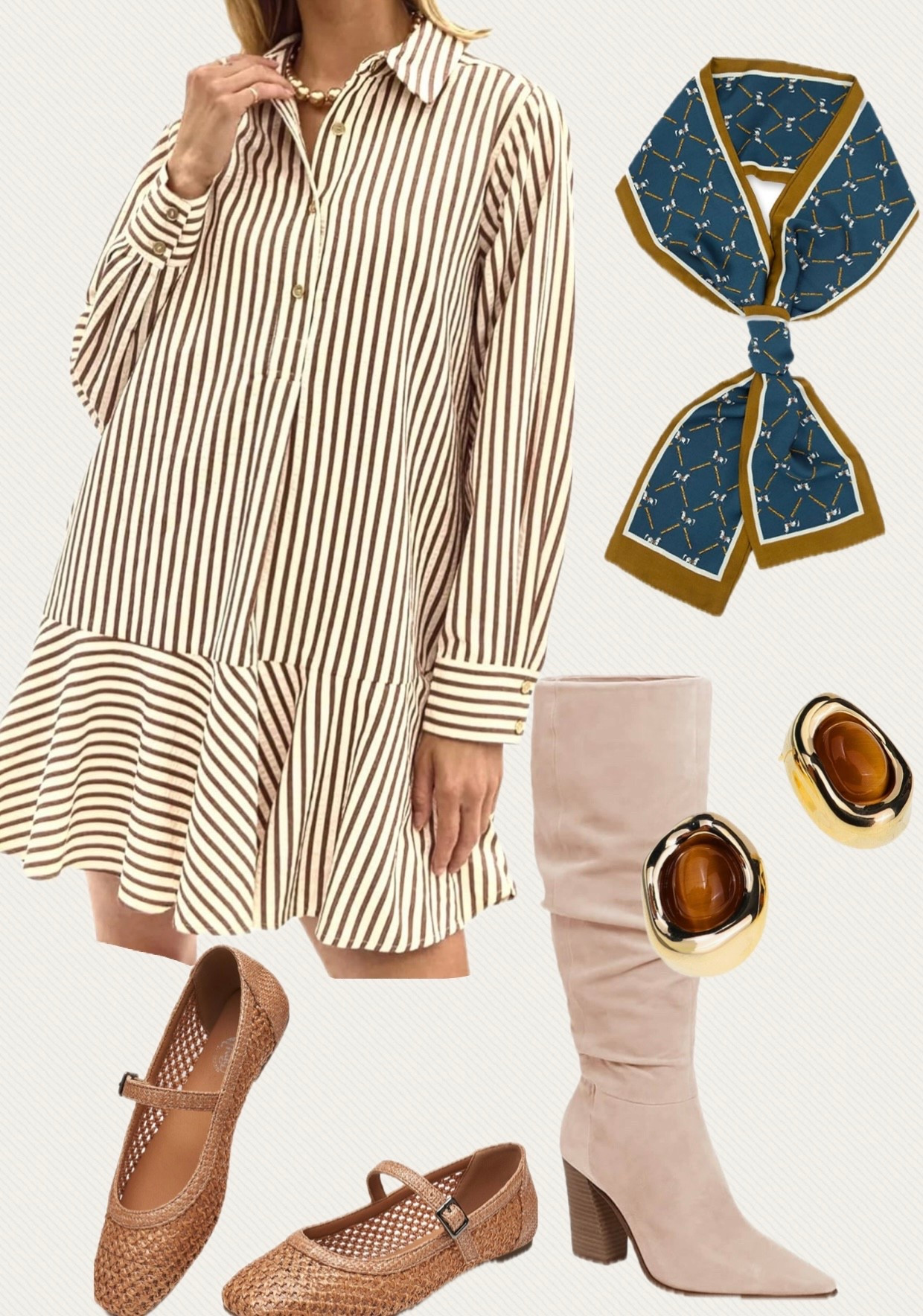 Amazon fall outfit idea / fall dress, knee high boots/ neck scarf/ flats