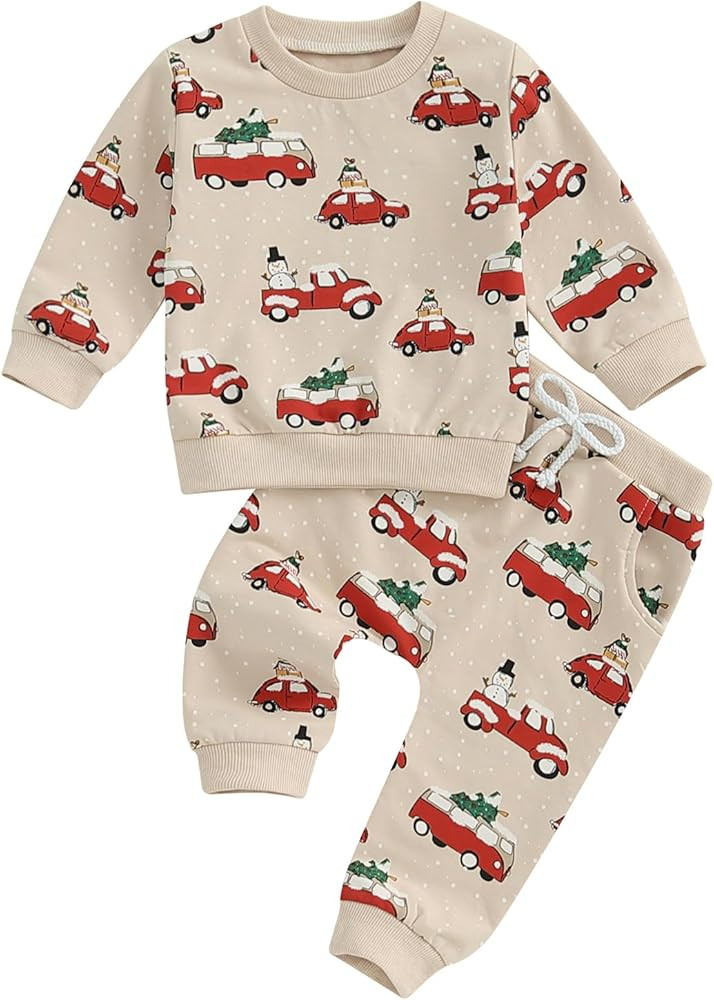 NZNDSHD Baby Boy Christmas Outfit Truck Christmas Tree Snowman Print Long Sleeve Sweatshirts Pant... | Amazon (US)