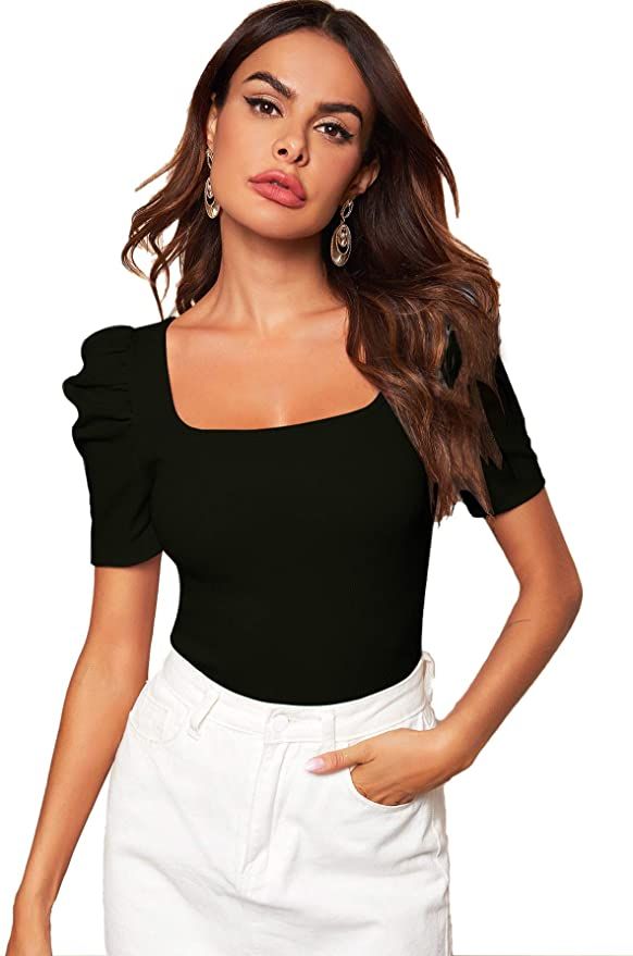 WDIRARA Women's Puff Sleeve Square Neck Short Sleeve Elegant Tee Top Black S at Amazon Women’s ... | Amazon (US)