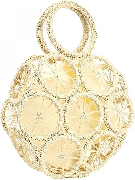 Straw Crossbody Bag for Summer Women Beach Shoulder Top Round Lemon Pattern Tote Handbag | Amazon (US)