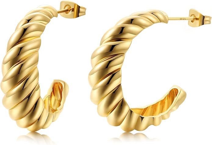 14K Gold Plated Croissant Earrings Twisted Round Hoop Earrings Chunky Hoop Earrings 925 Sterling ... | Amazon (US)