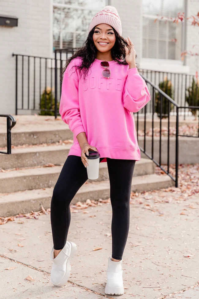 Coffee Embossed Power Pink Graphic Sweatshirt FINAL SALE | Pink Lily
