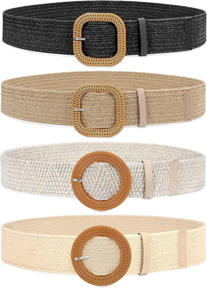 Set of 4 Straw Woven Elastic Stretch Waist Belts for Women, Fashion Boho Ladies Braided Skinny Dress | Amazon (US)