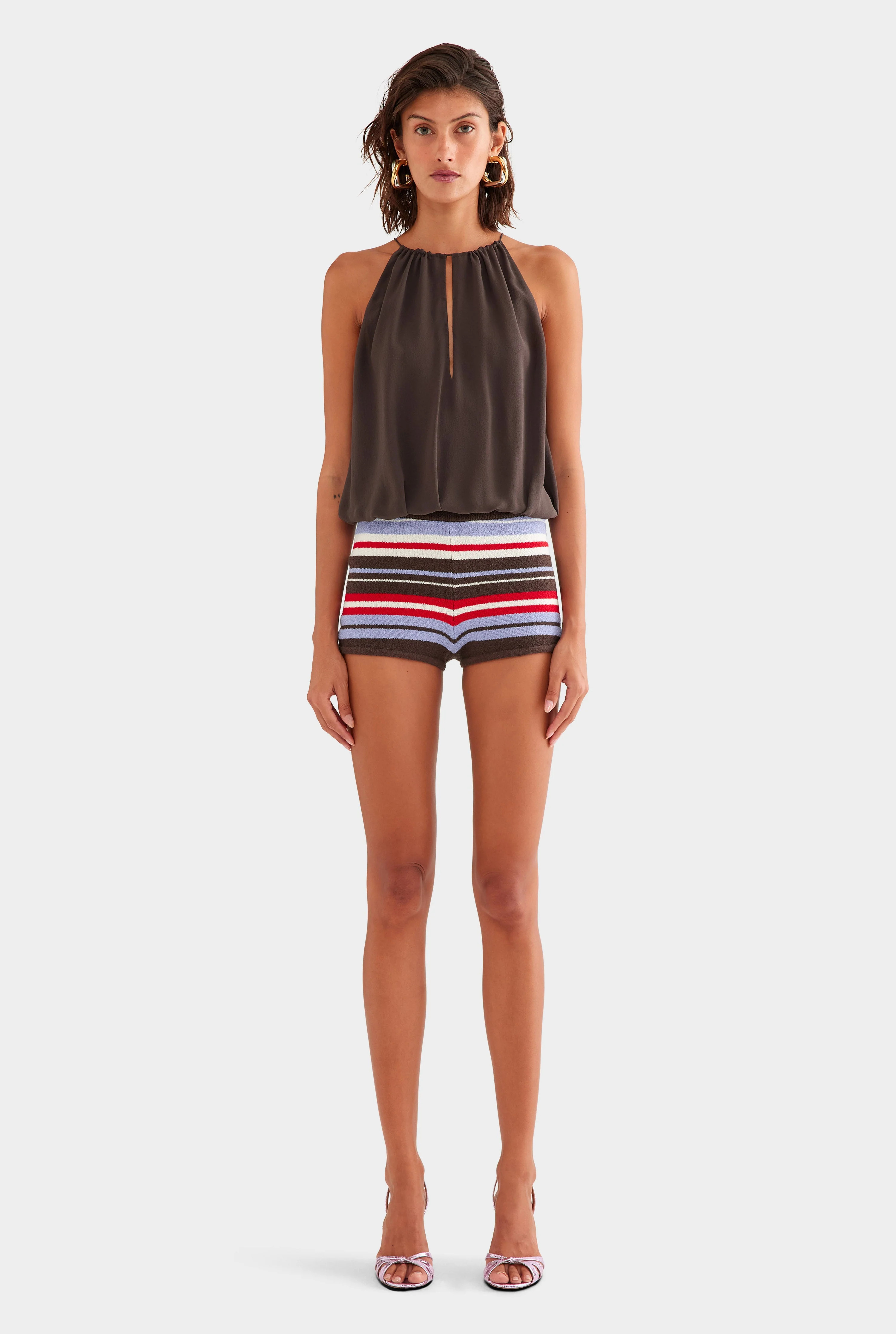 Striped Terry Knit Short in Dark Chocolate/Powder Blue/Red Stripe | Venroy | Venroy AU