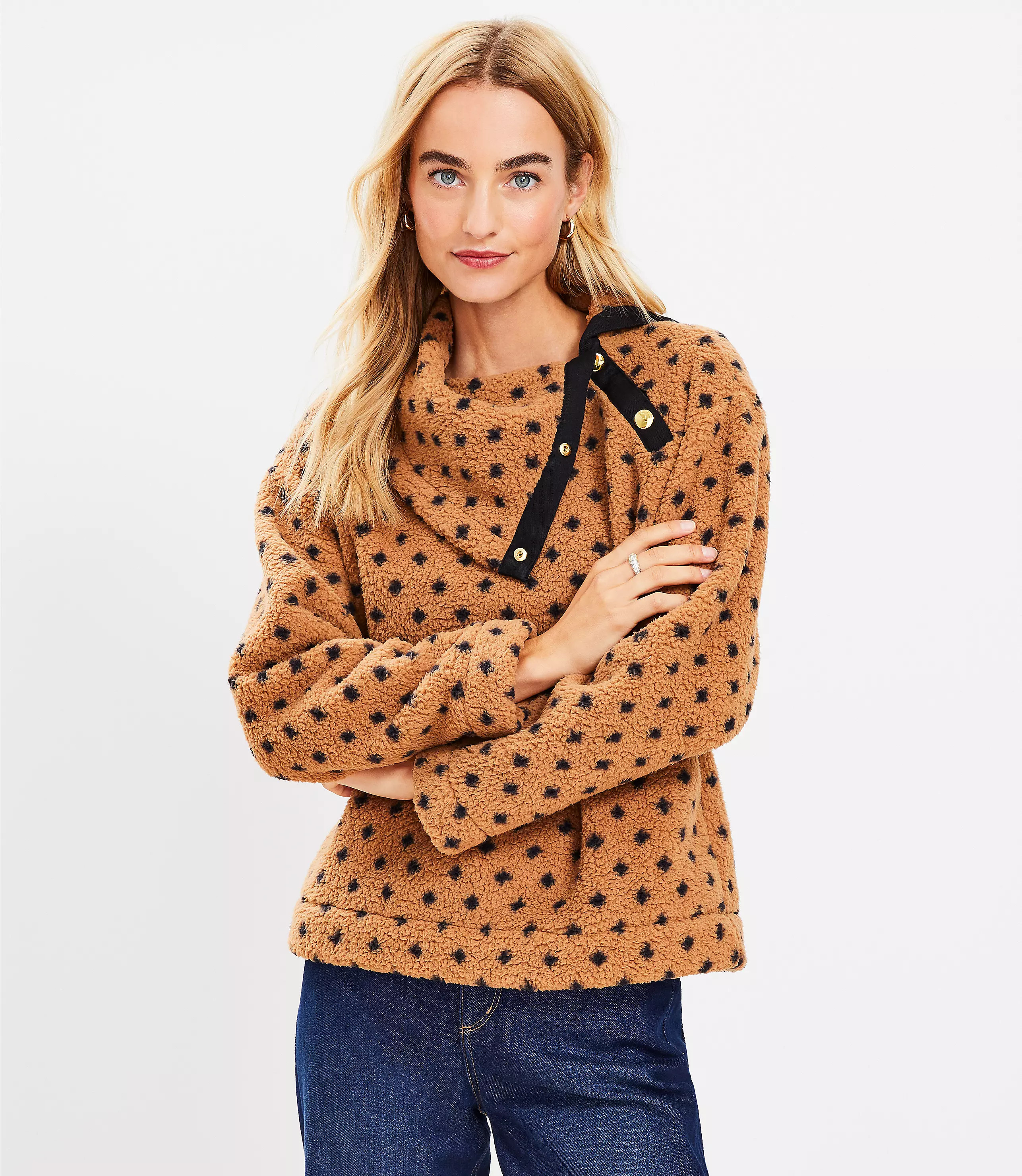 Geo Cozy Sherpa Snap Collar Sweatshirt | LOFT