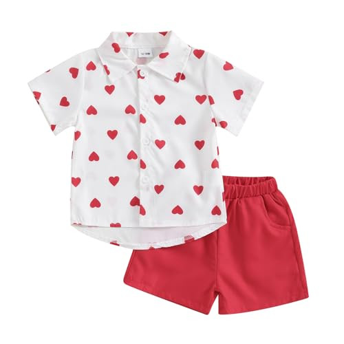 Lesimsam Toddler Baby Boy Valentine's Day Outfits Button Up Short Sleeve Shirt and Shorts Set 2Pcs Valentines Day Clothes(B-White, 3-4 Years) | Amazon (US)