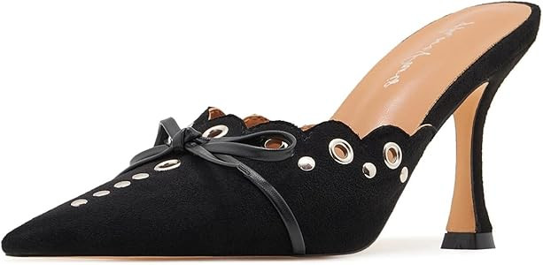 AmoreParis Bow Tie Heeled Mules Studs Pumps Pointy Kitten Heel Dress Heels | Amazon (US)