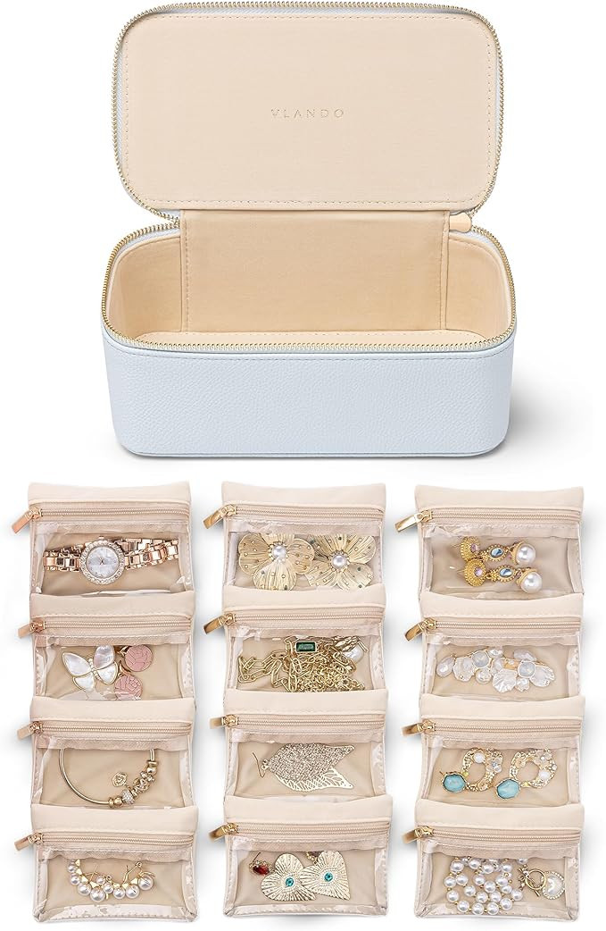 Vlando Travel Jewelry Case Organizer,Small Jewelry Box with 12 Velvet Jewelry Storage Pockets,Chr... | Amazon (US)