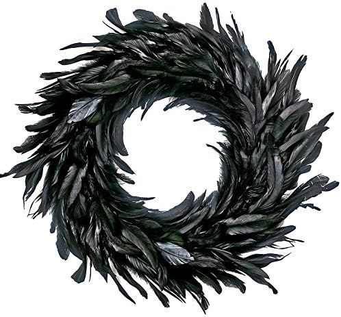 Amazon.com: MOVINPE Black Feather Wreath Halloween Wreath 14.9'' Black Natural Cocktail Feather W... | Amazon (US)