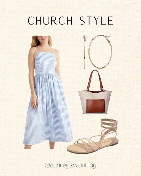 More styles for church! 

Free assembly summer dress, Amazon straps sandals, brown tote bag, gold hoop earrings 