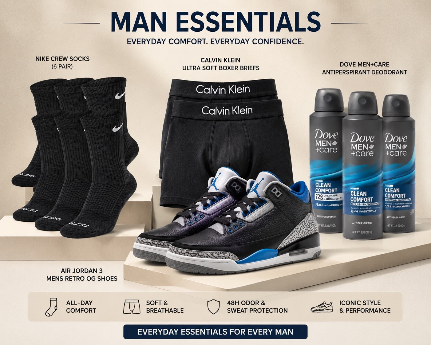 Everyday Man Essentials 🤍
The everyday basics he’ll actually use! 🖤 From comfortable Nike socks and Calvin Klein boxer briefs to Dove Men+Care deodorant and classic Air Jordan sneakers, these are the essentials that keep him feeling comfortable, confident, and ready for the day. Perfect for gifting or upgrading his everyday routine. #LTKMensStyle #MensEssentials #AmazonFinds #GiftGuideForHim #EverydayStyle #MensFashion

#LTKActive #LTKSeasonal #LTKdayinmylife