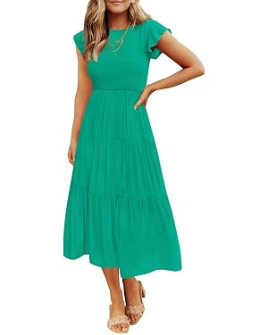 ZESICA Women's 2025 Summer Casual Flutter Short Sleeve Crew Neck Smocked Elastic Waist Tiered Mid... | Amazon (US)