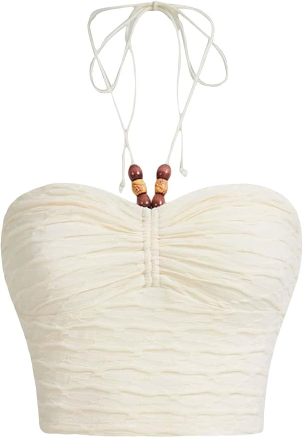 Floerns Women's Tie Backless Sleeveless Ruched Knitted Halter Crop Top | Amazon (US)