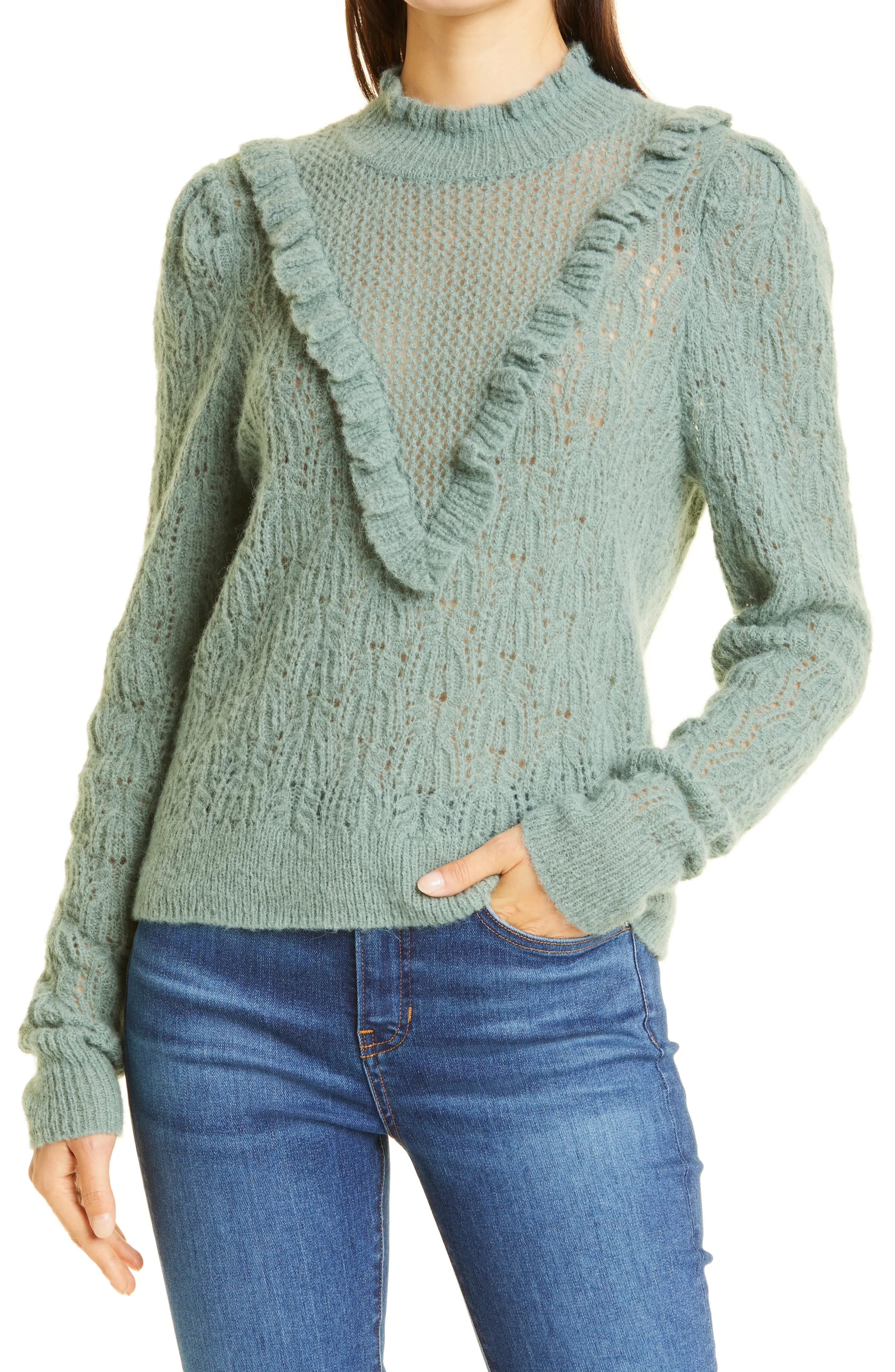 Veronica Beard Sorina Ruffle Pointelle Sweater in Sage at Nordstrom, Size Medium | Nordstrom