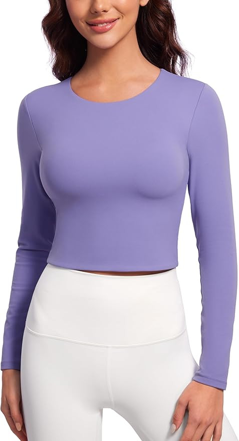 CRZ YOGA Butterluxe Double Lined Long Sleeve Workout Tops for Women Crew Neck Fitted Crop Top Cas... | Amazon (US)