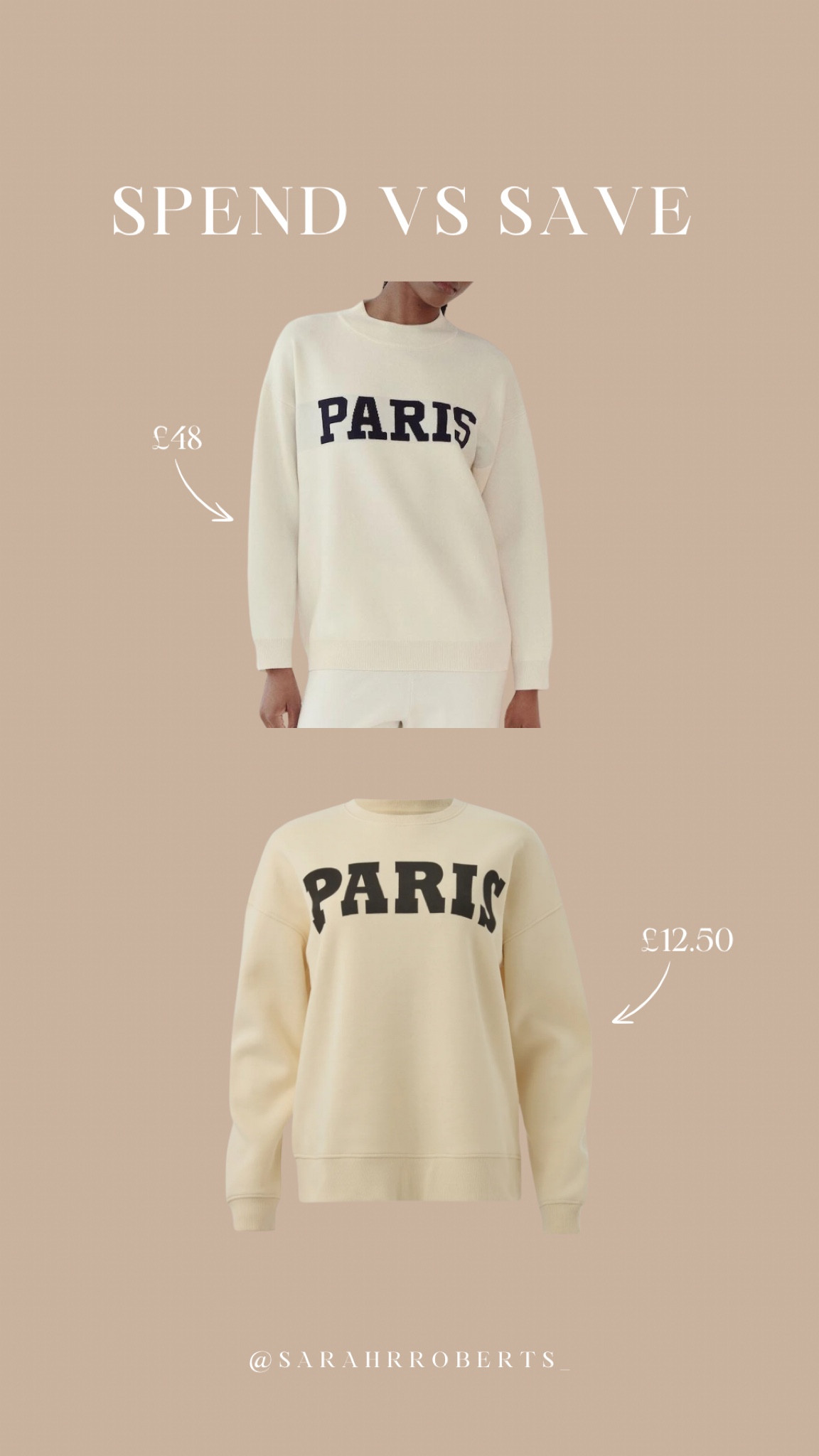 SPEND VS SAVE 💸

Another great alternative to the sold out 4th & reckless Paris sweatshirt for a quarter of the price at £12.50!!!

Sweatshirt, Matalan, high street fashion, autumn outfit, casual everyday outfits

#LTKstyletip #LTKuk #LTKautumn