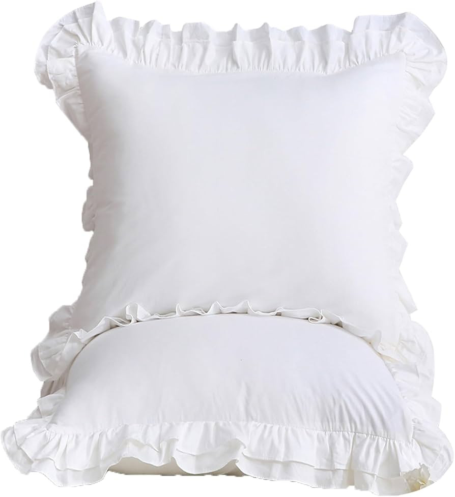 Shabby White Ruffle Euro Pillow Sham Covers Set of 2, Cotton Pillow Shams 26x26 inches French Far... | Amazon (US)