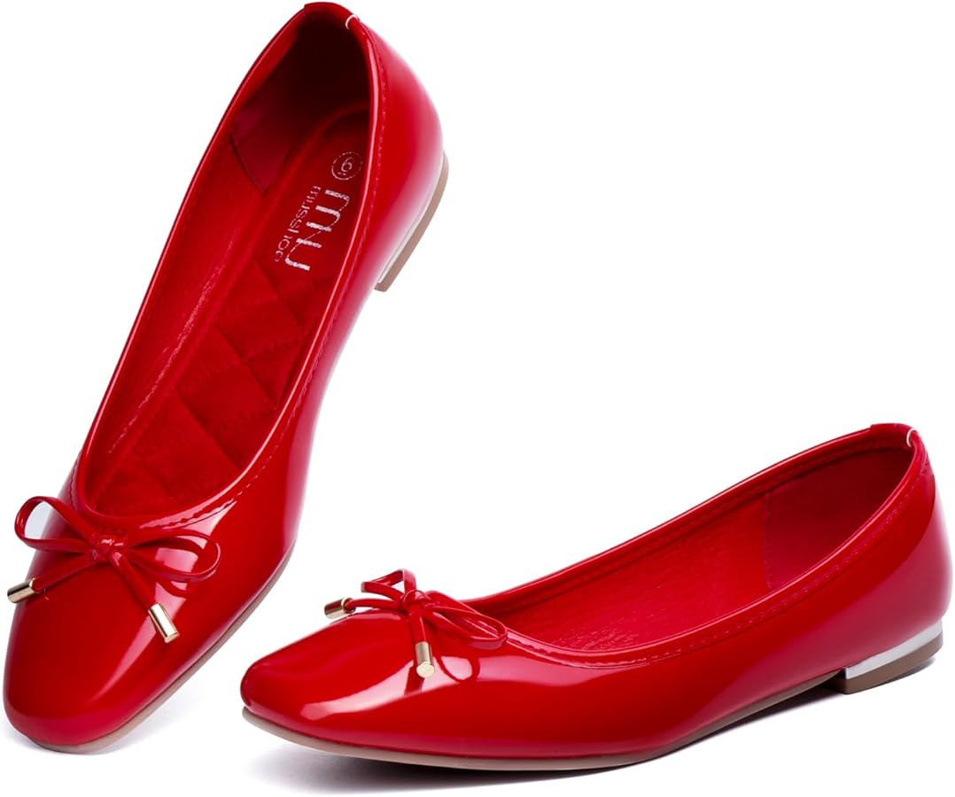 MUSSHOE Women's Ballet Flats Shoes Dressy Comfortable Square Toe Patent Flat with Bow | Amazon (US)