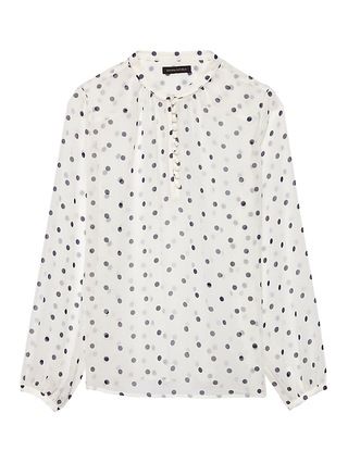 Banana Republic Womens Petite Sheer Dot Button-Front Poet-Sleeve Top White Polka Dot Size L | Banana Republic US