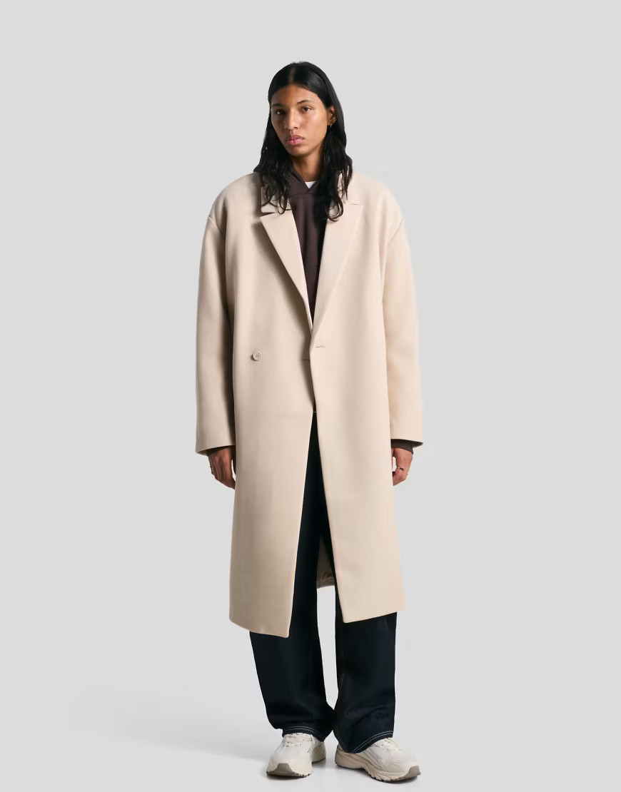 Bershka Double-breasted wool cloth coat in beige-Neutral | ASOS (Global)