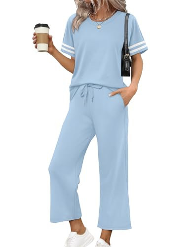 Two Piece Sets for Women 2026 Summer Outfits Lounge Sets Business Casual Outfits Spring Resort Wear Beach Vacation Clothes Wide Leg Pants Set Sky Blue L | Amazon (US)
