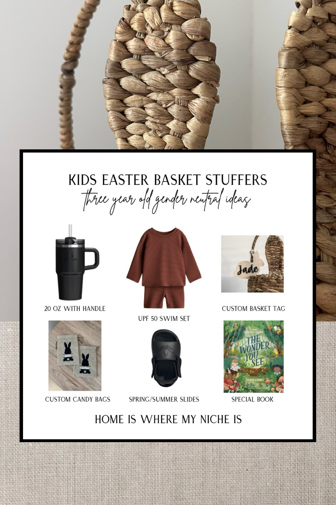 E A S T E R / 3 year old gender neutral Easter basket stuffers

+ 20 oz Stanley with handle
+ custom candy bags
+ SPF 50 swim set
+ spring/summer slides 
+ custom bunny basket tag
+ special book (Joanna Gaines)

Amazon Canada 

#LTKspring #LTKcanada #LTKkids