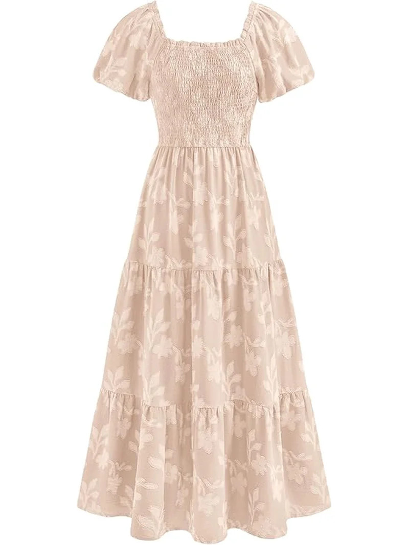 PRETTYGARDEN Women's Summer Boho Maxi Dresses Floral Short Sleeve Square Neck Smocked Flowy Long ... | Walmart (US)