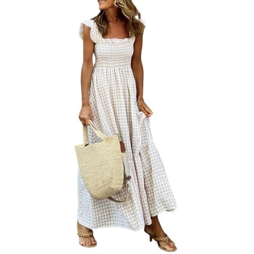 Generic Multi Plaid Smocked Bust Maxi Dress,Women's Summer Ruffled Off Shoulder Maxi Dress,Spaghetti Strap Flounce Long Dress (US, Alpha, Large, Regular, Regular, Beige) | Amazon (US)