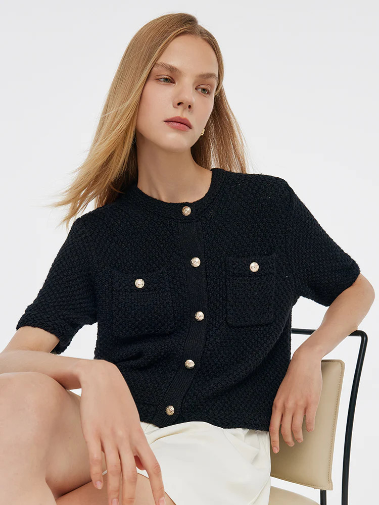 Openwork Round Neck Knitted Women Cardigan | GOELIA