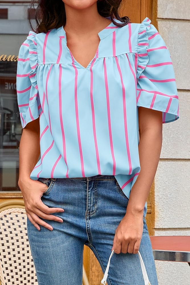Tankaneo Womens Puff Sleeve Striped Blouses Dressy Casual V Neck Shirts Summer Trendy Loose Fit T... | Amazon (US)