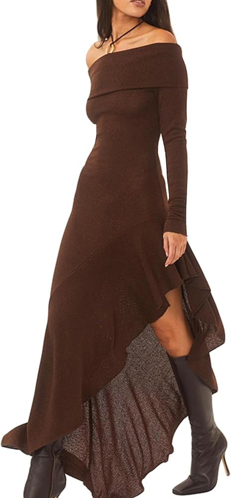 MAINESAKA Women's Long Sleeve Knit Maxi Dress Strapless Off Shoulder Long Bodycon Dress Fall Cock... | Amazon (US)