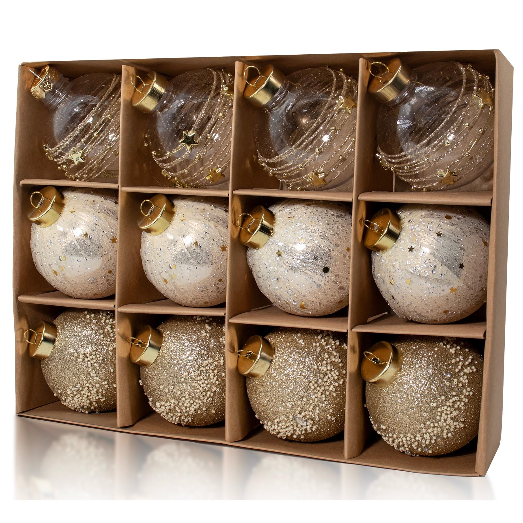 12PCS Champagne Gold Glitter Christmas Tree Ornaments – 3.15” Shatterproof Baubles with Clear... | Amazon (US)