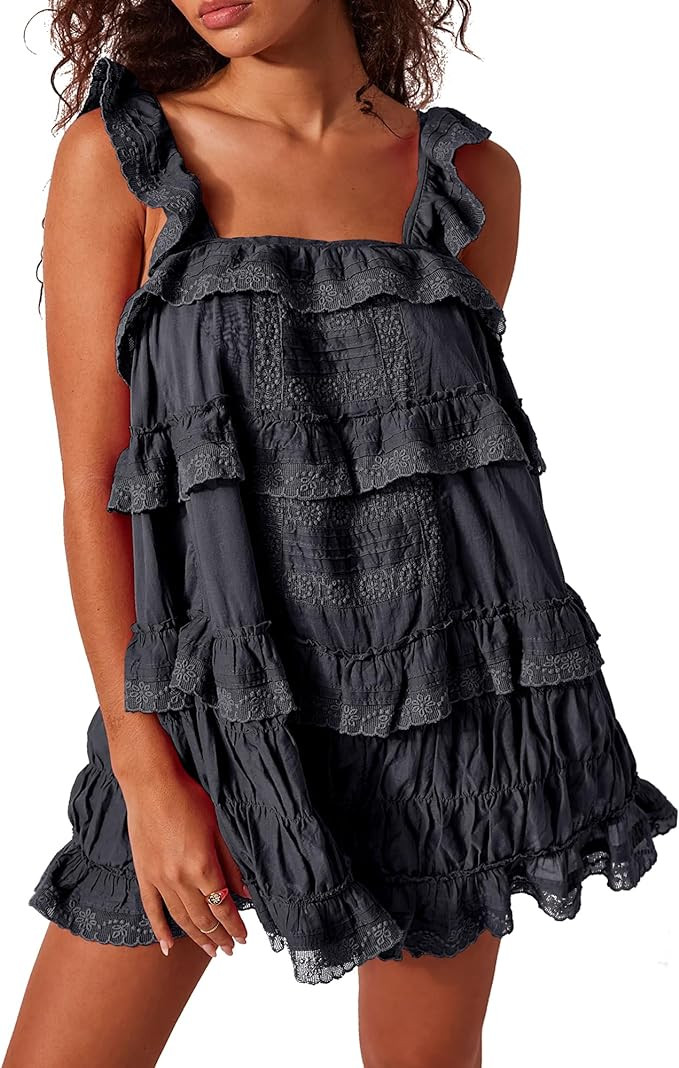 Gacaky Women's Summer Casual Sleeveless Rompers Ruffle Flowy Boho Sun Dress Loose Mini Dress with... | Amazon (US)