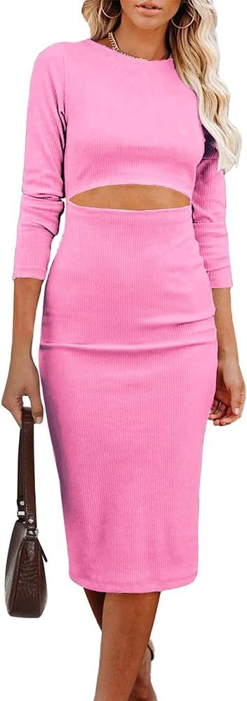 PRETTYGARDEN Women's Long Sleeve Midi Bodycon Dresses Casual Crewneck Cut Out Ribbed Knit Fitted ... | Amazon (US)