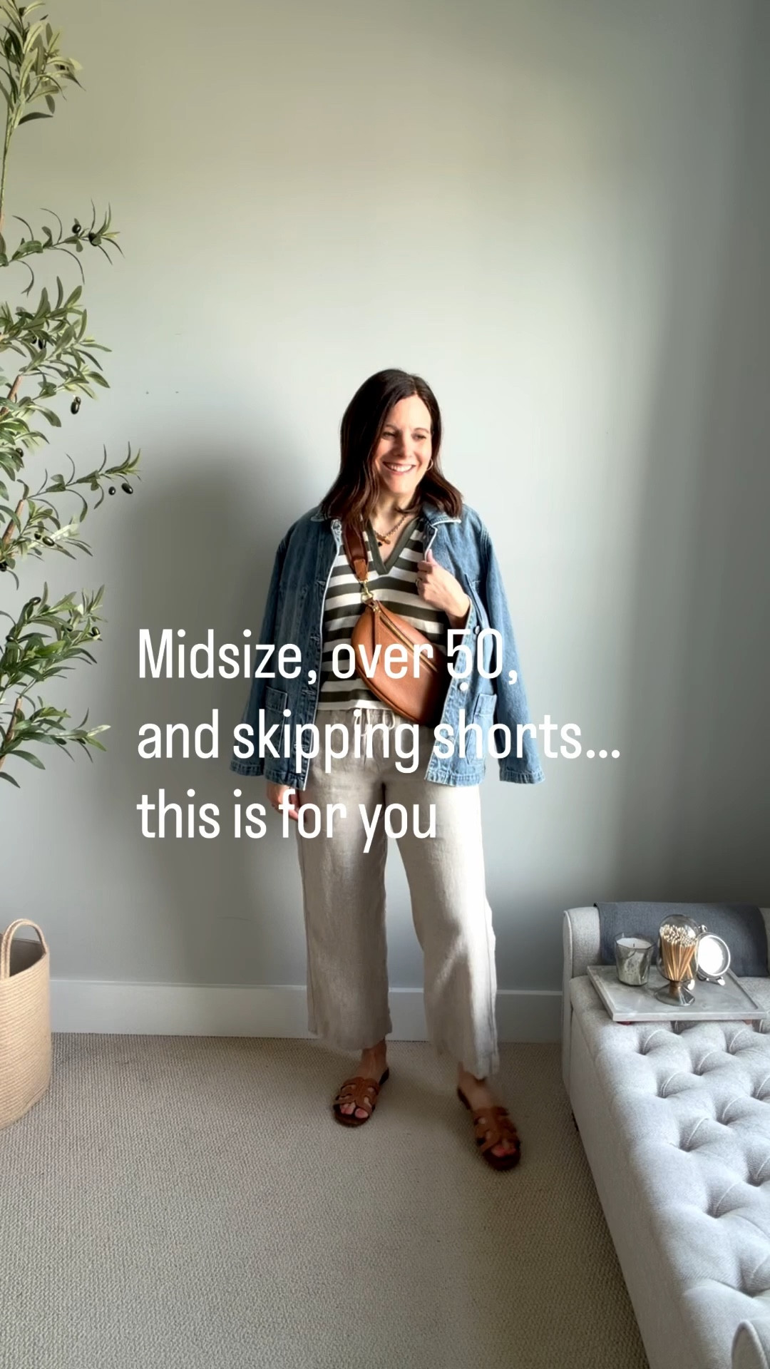 Today’s errands and lunch outfit. If you’re looking for an alternative to shorts,  these linen pants from @onequince are so good. They are lightweight and feel like you have nothing on. I’m in a Medium in the flax with a 28” inseam. I wear a size 10 jeans and am 5’6”. They fit true to the sizing chart. I’m in an XS for this LOFT top (size down) and a Medium in the Quince denim utility jacket (TTS). 

#LTKMidsize #LTKOver40 #LTKSaleAlert