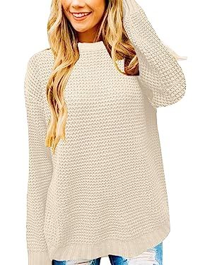 MEROKEETY Women's Long Sleeve Waffle Knit Sweater Crew Neck Solid Color Pullover Jumper Tops | Amazon (US)