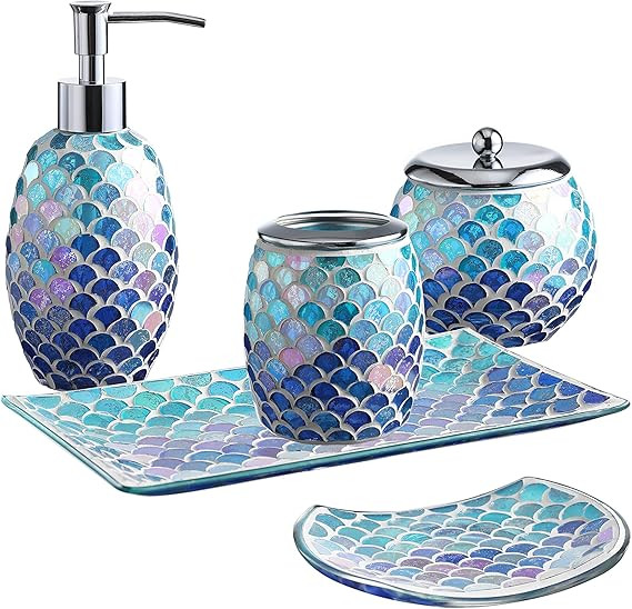 Bathroom Accessory Set | 5-Piece Decorative Glass Bathroom Soap Dispenser Set | Soap Dispenser, T... | Amazon (US)
