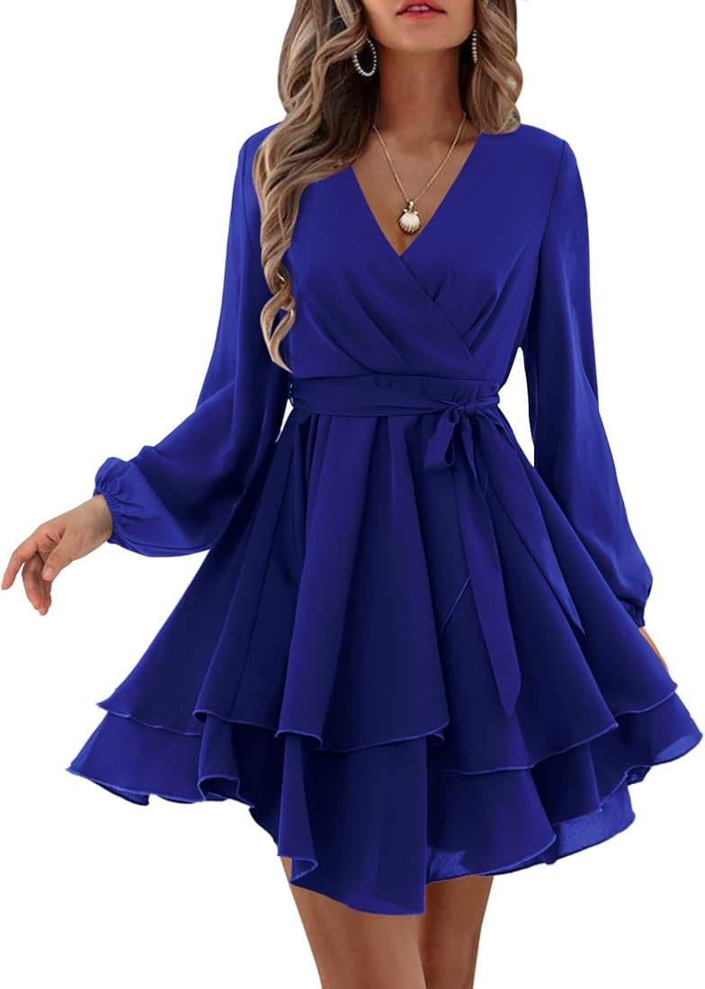 Women's 2023 Summer Wrap Dress Short/Long Sleeve Casual V Neck Ruffle Mini Dresses | Amazon (US)