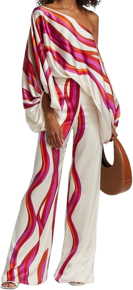 Womens Fall Loose 2 Piece Outfits Off Shoulder Printed Long Sleeve Casual Going Out Wide Leg Pant... | Amazon (US)
