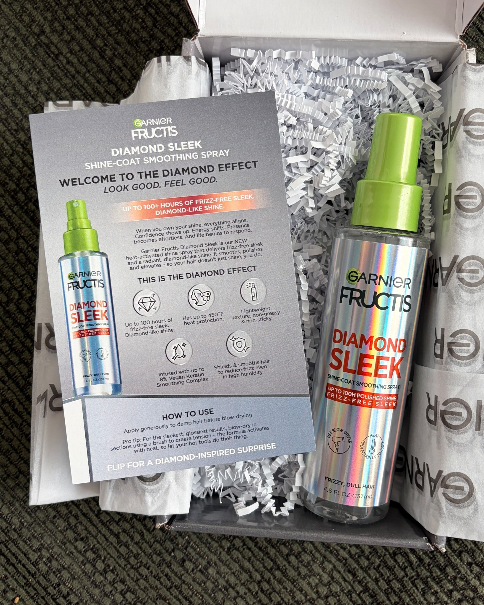 About this item: Frizzy, Dull Hair? Diamond Sleek gives you up to 100 Hours of Frizz-Free Sleek. Diamond like Shine. Blow-dry to activate expensive-looking hair // Diamond Sleek coats the hair fiber to boost light reflection for a diamond-like shine. With 3X smoother hair vs unwashed hair, 38 percent light reflection vs a non-conditioning shampoo, and 450°F heat protection // This shine spray for hair has been infused with up to 8% Vegan Keratin Smoothing Complex and Argan Oil to shield and smooth hair to reduce frizz. Our hair shine spray features a lightweight texture, non-greasy and non-sticky // For Best Use: After using Sleek and Shine Shampoo and Conditioner, towel dry and apply Diamond Sleek on damp hair. Spray the product liberally. Blow-dry hair in sections using a brush to create tension. Blow-dryer heat is required to activate the formula // Garnier Is Committed To Greener Beauty: Our bottles excluding pumps and caps are made of 100% Recycled Plastic. Garnier is approved by Cruelty Free International under the Leaping Bunny Program  

 #LTKFestival #LTKgrwm #LTKootd