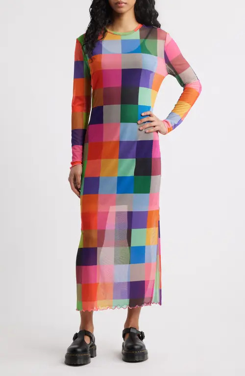 Dressed in Lala Mad About You Long Sleeve Mesh Midi Dress in Multicolor Check at Nordstrom, Size Large | Nordstrom